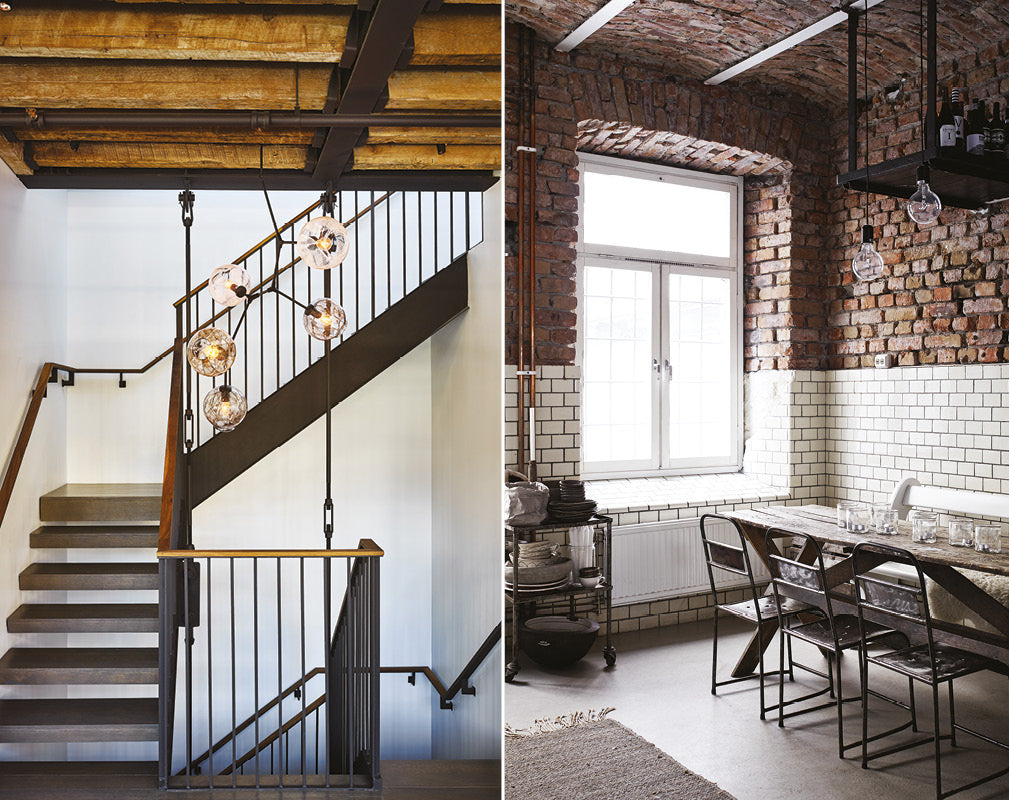 staircase with exposed beams in a warehouse conversion; vaulted brick ceiling and wall