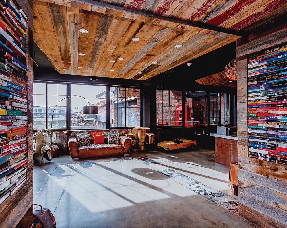 interior scheme of the paper factory hotel features reclaimed materials
