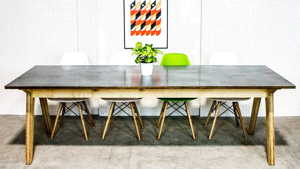 An industrial plywood and zinc dining table from Rigg