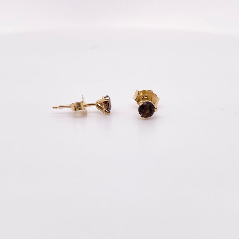 Smokey Quartz Earrings Stud Post w .22 Carat Total Weight 14k Yellow Gold