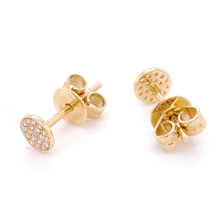 Circle Diamond Studs w Pave Diamond Round Post Earrings, 14k Yellow Gold