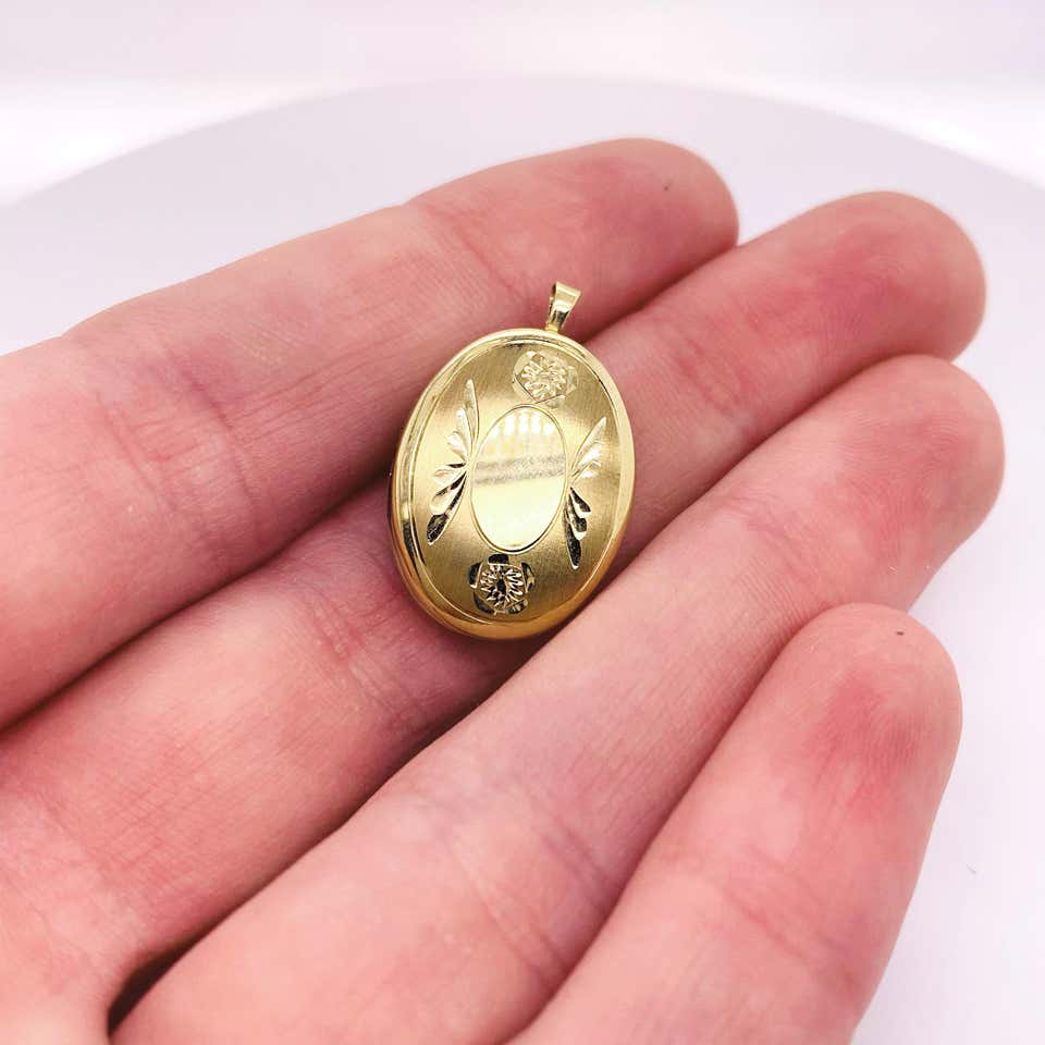 Gold Flower Locket, Vintage Inspired 14K Gold Floral Wing Oval