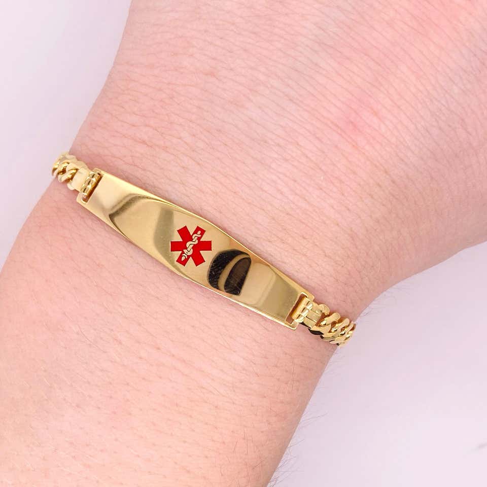 Medical Alert Bracelet 14K Yellow Gold Red Enamel Medical Caduceus