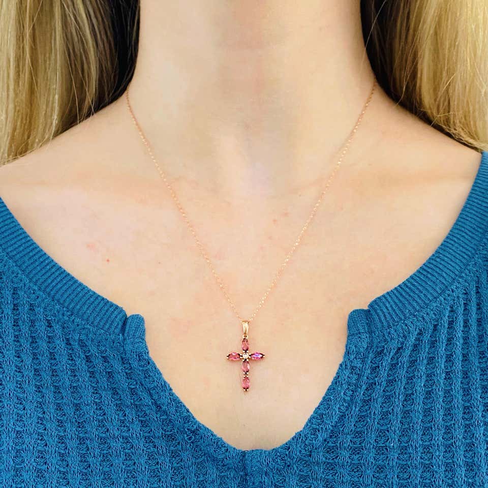 Pink Diamond Cross Necklace - Rose Gold