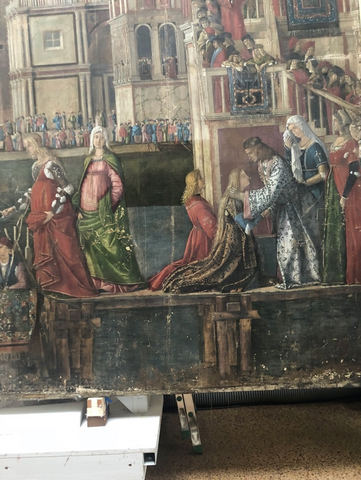 Detail of painting during restoration of St Ursula Cycle, Accademia, Venice, 4/27/2018