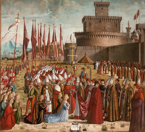Meeting of Pope Cyriacus and the Pilgrims, after conservation Tempera and oil on canvas, 305cm x 279cm, Save Venice website
