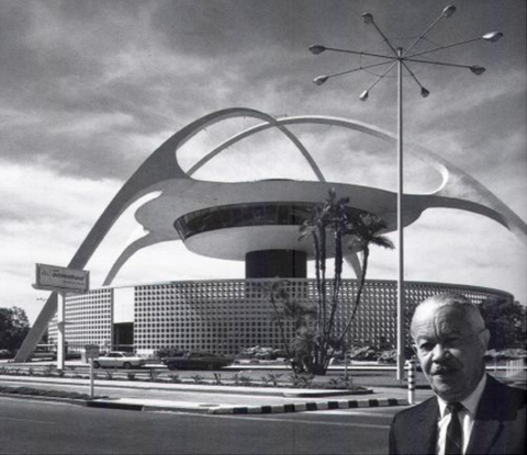 Paul Williams in front of the Theme Building at LAX Airport 