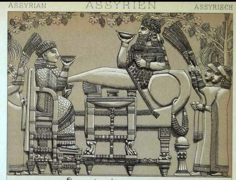 Illustration from the tablet of King Assurbanipal banqueting 