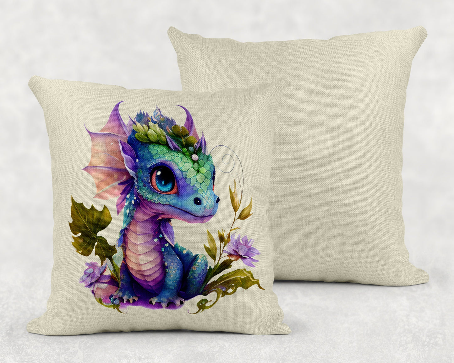 Cute Baby Dragon Art Linen Throw Pillow