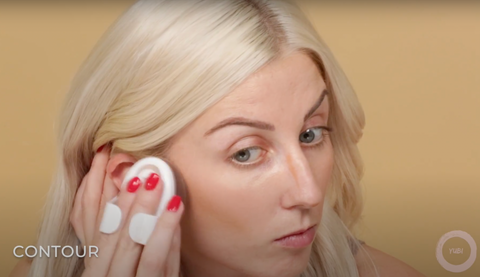 A woman demonstrating how easy it is to contour