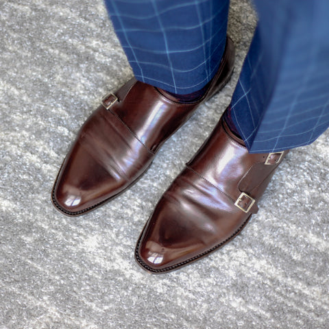 51 Label Style Talk - Dark Blue Windowpane Checked Suit Trousers Paired with Dark Brown Double Monk Strap Shoes