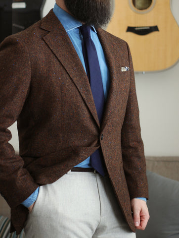 51 Label Style Talk - Dark Brown Flannel Tweed Jacket with Denim Shirt and White Chino Pants Pairing