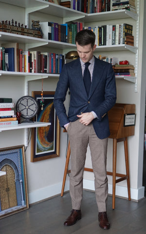 51 Style Talk: David Cox in Navy Blue Suit Jacket with Brown Trousers and Chocolate Chase Cap Toe Oxford Shoes