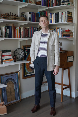 51 Style Talk: David Cox in White Safari Jacket and Dark Blue Linen Gurkha Trousers