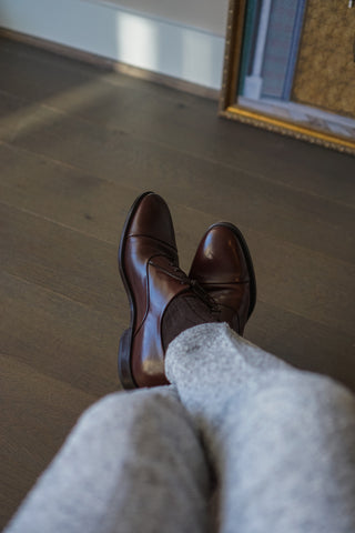 51 Style Talk: Chocolate Chase Cap Toe Oxfords with Light Grey Textured Wool Trousers