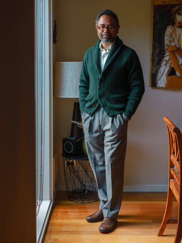 51 Style Talk - Dark Green Shawl Collar Cardigan with Light Grey Flannel Trousers paired with Dark Brown Tomlins Leather Low-Top Sneakers