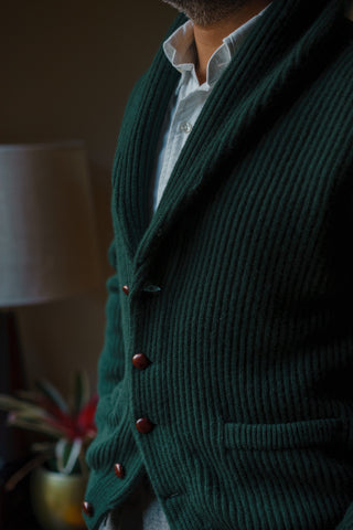 51 Style Talk - Dark Green Shawl Collar Cardigan and White Buttoned Down Broadcloth Oxford Shirt