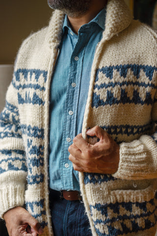 51 Style Talk - Patterned Wool Cardigan with Light Denim Shirt