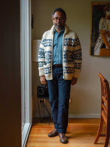 51 Style Talk - Patterned Wool Cardigan with Light Denim Shirt paired with raw denim denim jeans and Dark Brown Tomlins Leather Low-Top Sneakers