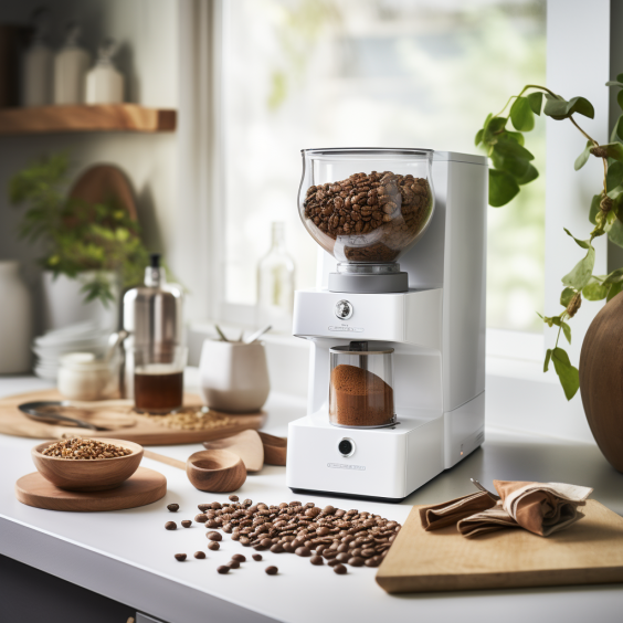modern burr coffee grinder, kitchen scene, white kitchen, coffee beans on counter