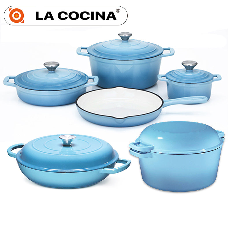 Basque Enameled Cast Iron Cookware Set, 7-Piece Set (Biscay Blue),  Nonstick, Oversized Handles, Oven Safe