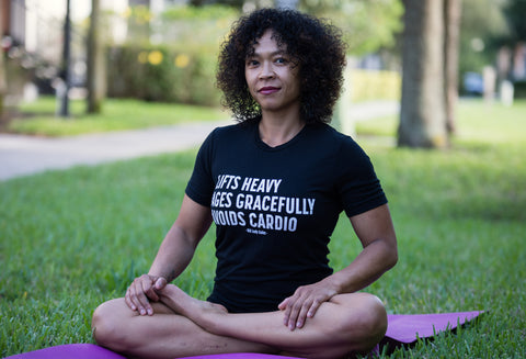 Old Lady Gains Yoga pose lifts heavy ages gracefully avoids cardio black t-shirt