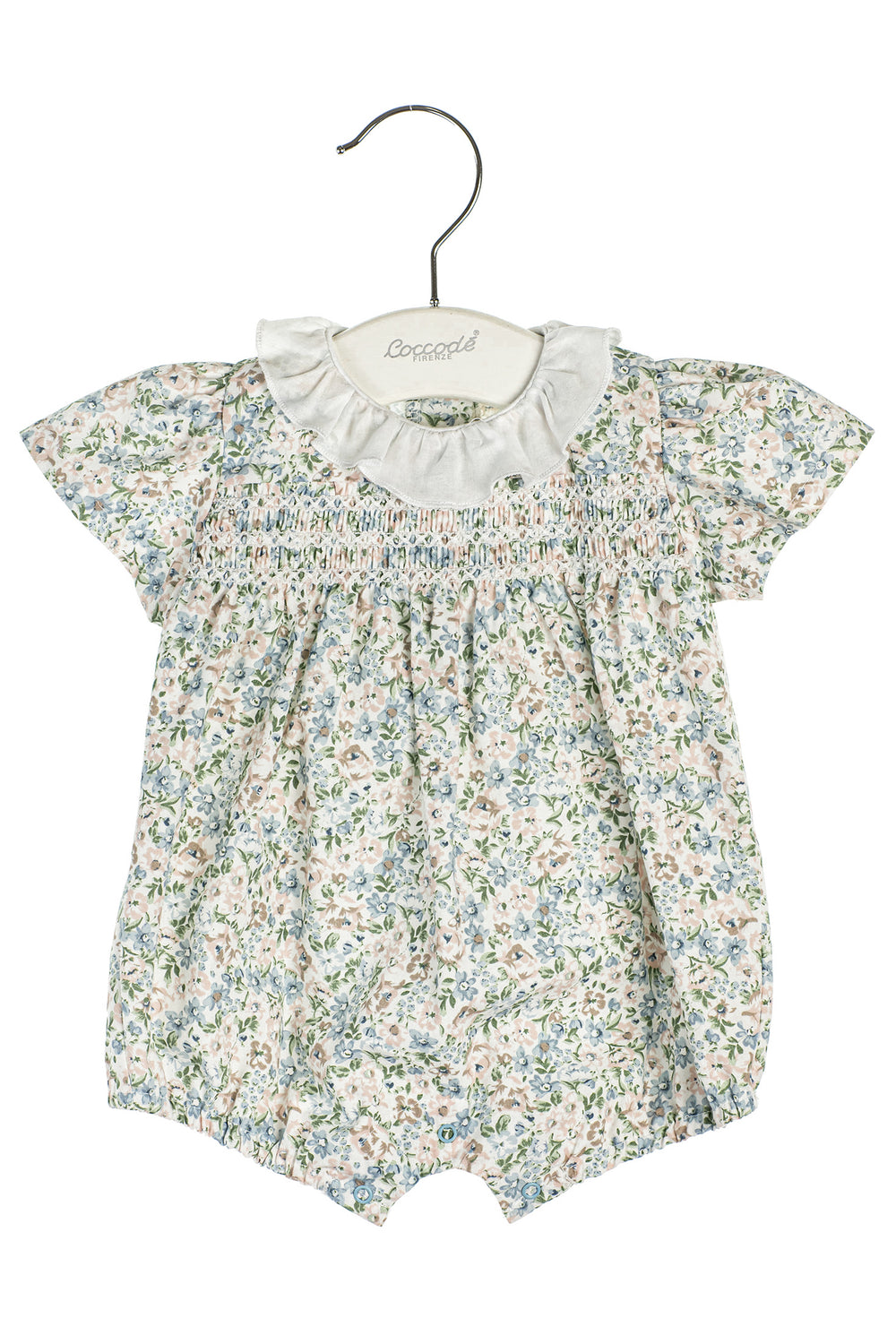 Coccodè "Kalia" Blue Floral Smocked Romper | iphoneandroidapplications