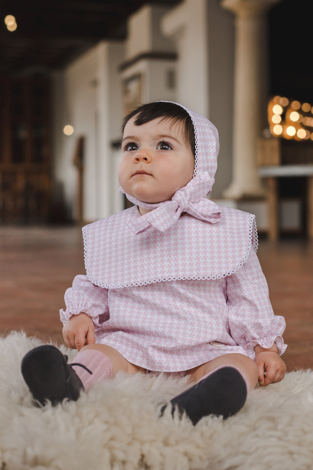 Cocote "Emmeline" Pink Houndstooth Dress, Bloomers & Bonnet | iphoneandroidapplications