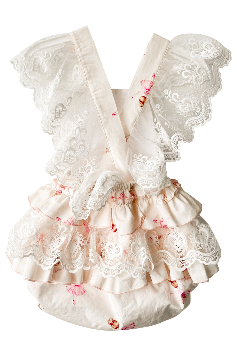 Phi "Peaches" Pink Fairy Print Lace Dungaree Romper | iphoneandroidapplications