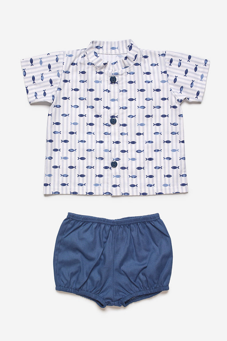 Juliana "Austin" Midnight Blue Fish Print Shirt & Shorts | iphoneandroidapplications