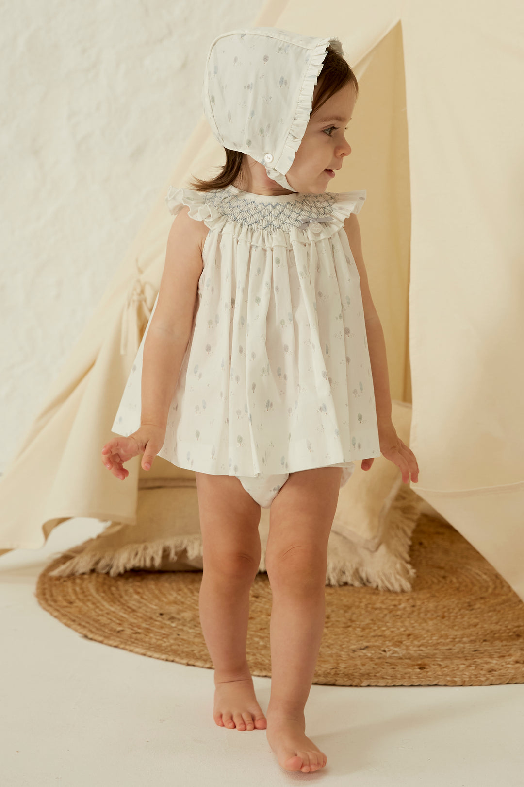 Martín Aranda "Ella" Light Grey Tree Print Smocked Dress Set | iphoneandroidapplications