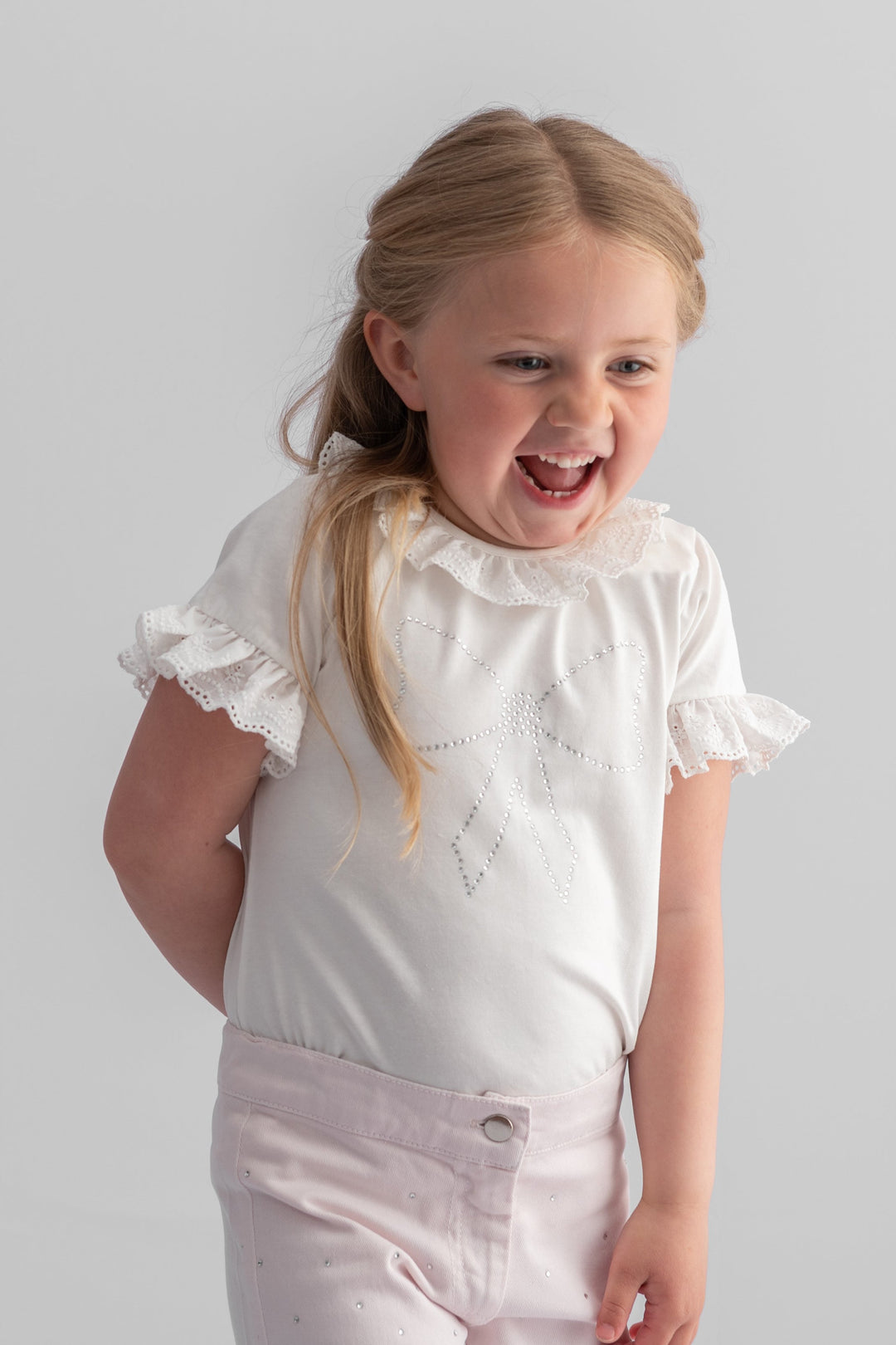 Caramelo Kids "Anna" Ivory Broderie Anglaise Diamanté Bow Top | iphoneandroidapplications