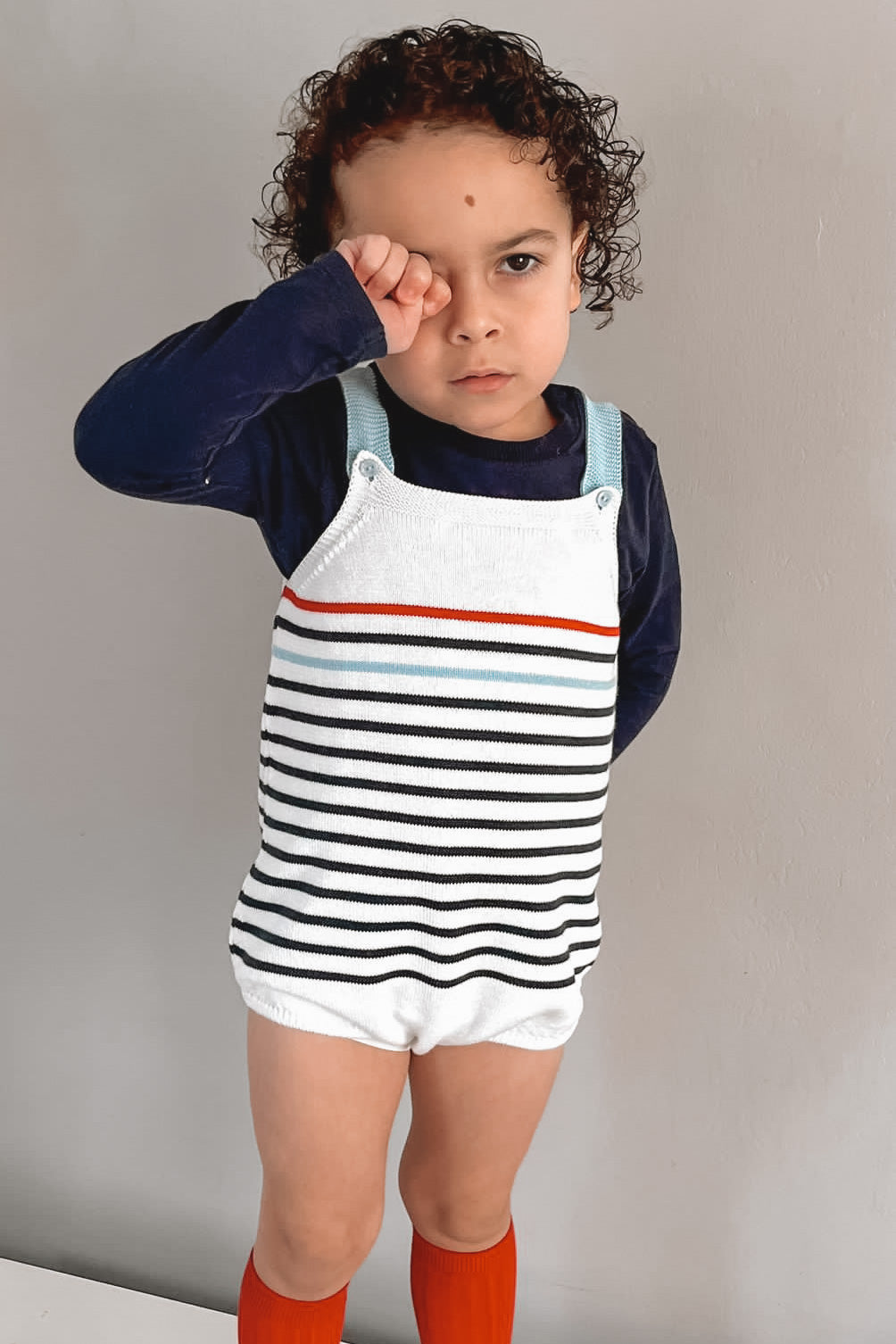 Granlei "Archer" Navy & Red Stripe Knit Dungaree Romper | iphoneandroidapplications