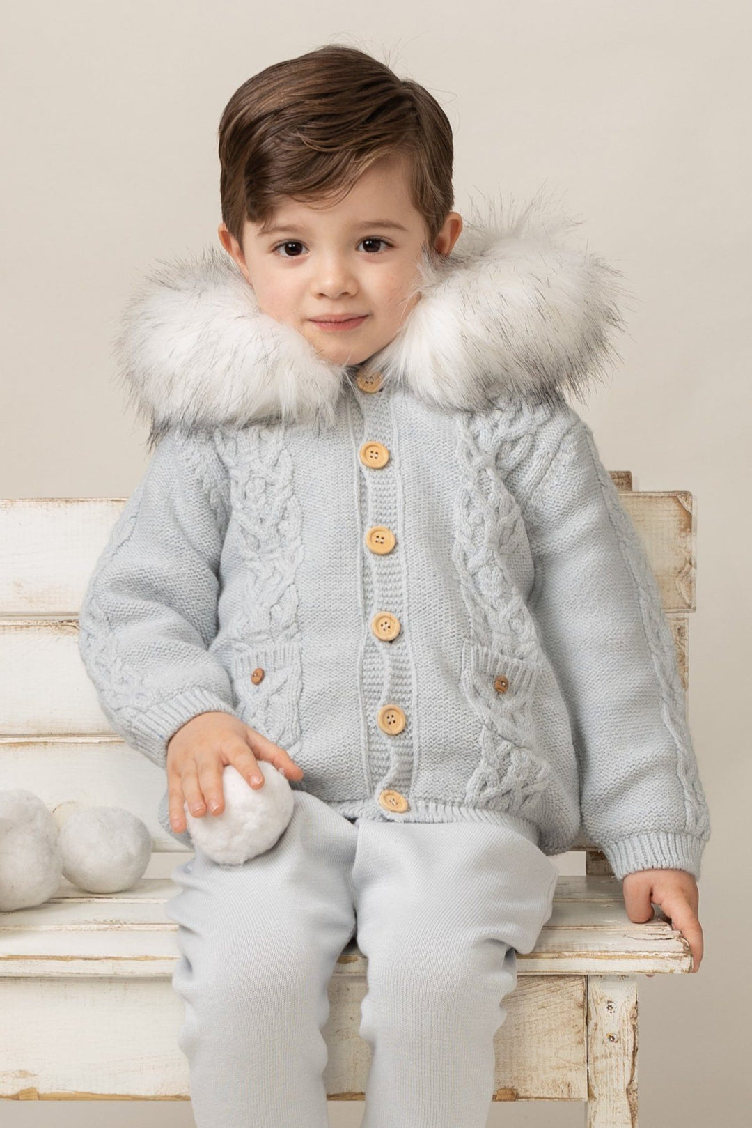 Caramelo Kids Sky Blue Cable Knit Faux Fur Trim Jacket | iphoneandroidapplications