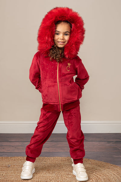 Caramelo Kids "Sofia" Red Luxury Faux Fur Velour Tracksuit | martiniccaboison