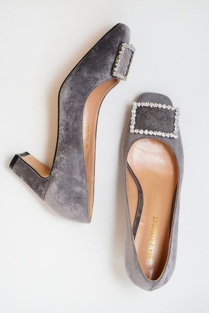 grey low heels