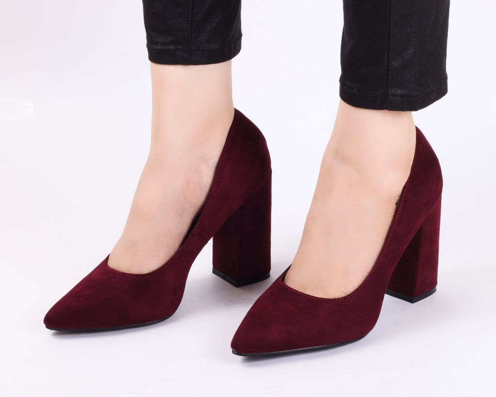 wine red block heels