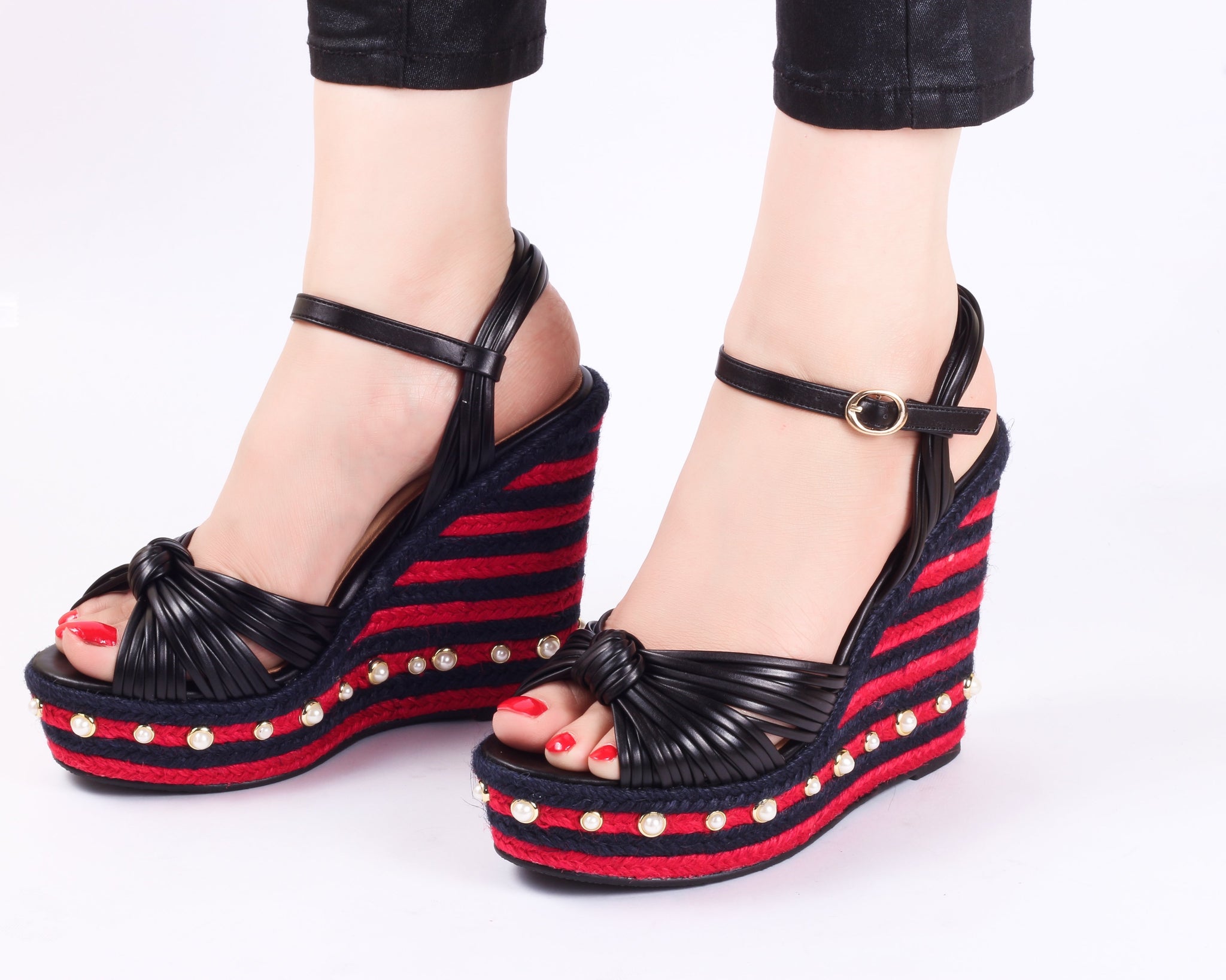 red wedge high heels