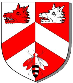 Alexander ABERCROMBY MD Cape Town Parted per pale Argent and gules a chevron between two boars’ heads erased in chief and a bee Volant en arriere] in base all counter-changed.