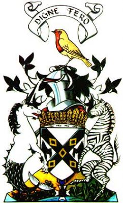 Robin Orr Blair, LVO, WS. Lord Lyon King of Arms Arms: Argent on a saltire between in the flanks two maunches, the sinister contournee, Sable five mascles Or. Crest: a robin Or breasted Gules. Motto: DIGNE FERO (I carry with dignity) Supporters: Dexter a sea unicorn Argent armed crined and tail Sable finned Argent, and sinister a zebra Proper
