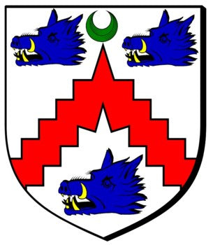 ABERCROMBY of Tullibody Argent a chevron indented Gules between three boars’ heads erased Azure armed Or and langued Sable in the middle chief point a crescent Ver
