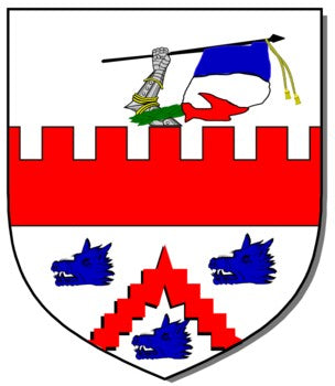 1) George Ralph ABERCROMBY 4th Baron Abercromby 2) John ABERCROMBY 5th Baron Abercromby Argent a fess embattled Gules therefrom issuant in chief a dexter arm embowed in armour proper garnished Or encircled by a wreath of laurel the hand supporting the French standard in bend sinister also proper in base (the ancient family Arms of Abercromby) a chevron indented Gules between three boars’ heads erased Azure.