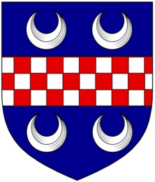 Hugh Alexander BOYD MA of Ballycastle Azure a fess chequy Argent and Gules between four crescents of the second