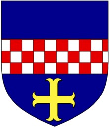 BOYD OF PINKELL Azure a fess chequy Argent and Gules and in base a cross Moline Or.