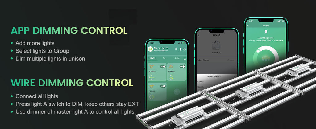 Control the light intensity and dimming for the Mars Hydro Smart FC-E4800 via built-in dimming controller or wirelessly via the Mars Hydro app