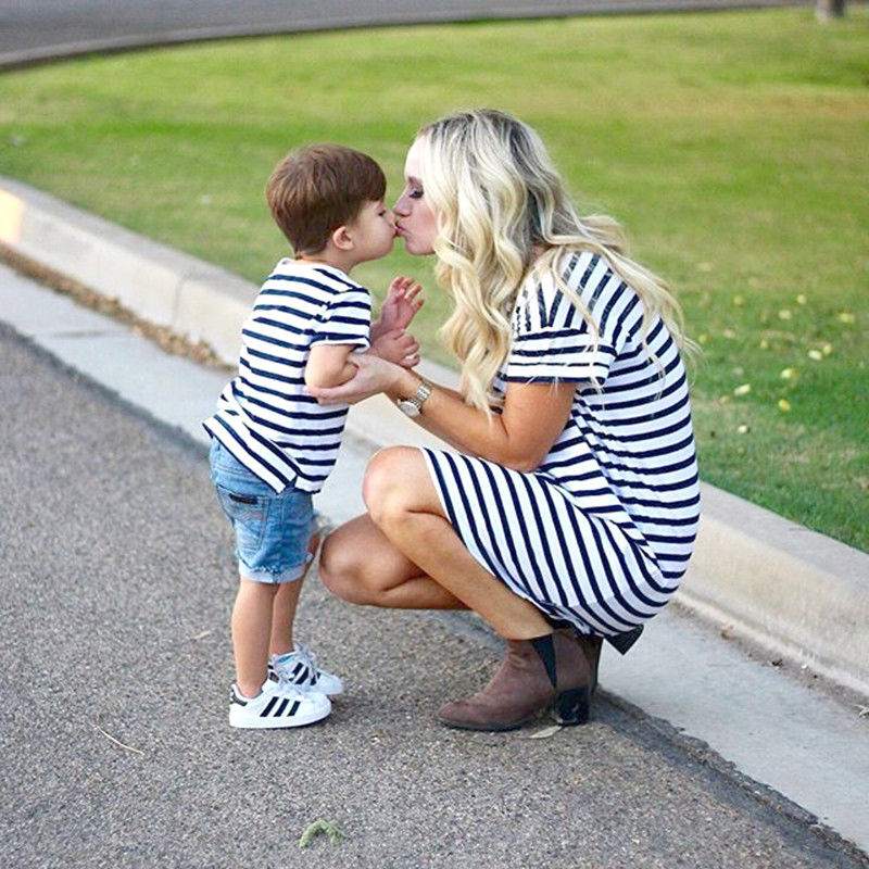NEW Family Matching Outfits Mother&Daughter Dresses Women Baby Girls Striped Cotton Casual Summer