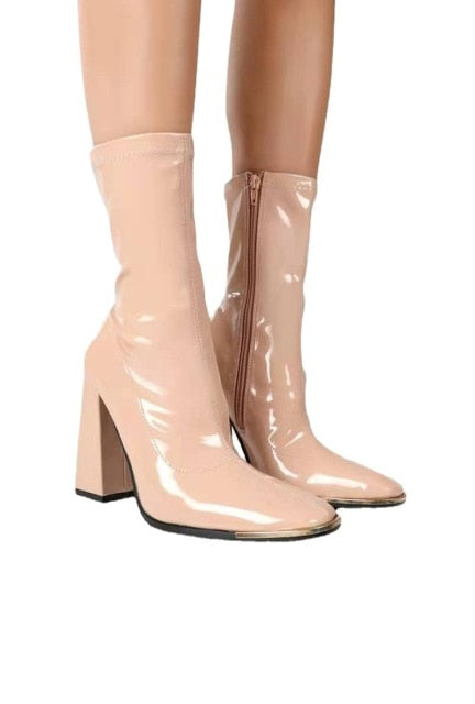 Women Boots Square Heel Patent Leather Pointed Toe Knee High Boots Winter Boots