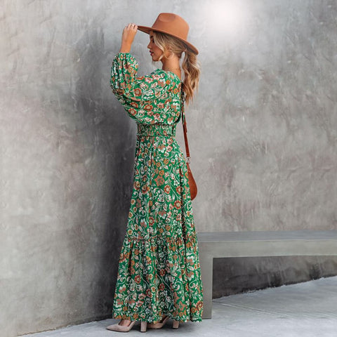 Robe femme longue fleurie verte