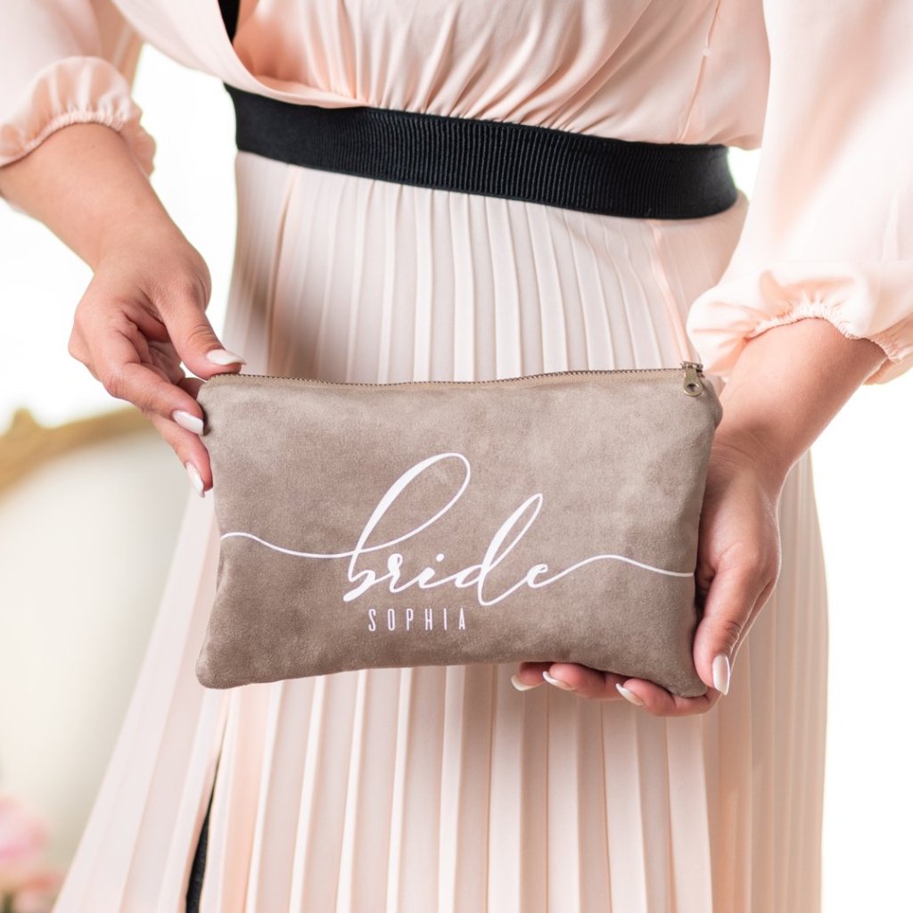 taupe suede clutch bag