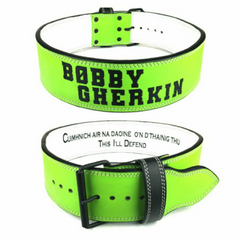 custom-leather-weightlifting-belt-green-white-text-lever